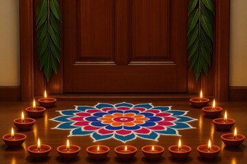 Diwali home entrance decorated with colorful rangoli, glowing diyas, and festive toran.