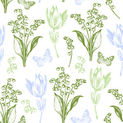 Seamless pattern of lily of the valley flowers and butterflies © Raffa