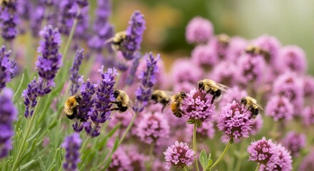 Obraz premium Multiple bumblebees pollinating purple lavender and pink thyme flowers in a garden. Close-up of insects and summer blooms. Pollinator friendly xeriscape concept