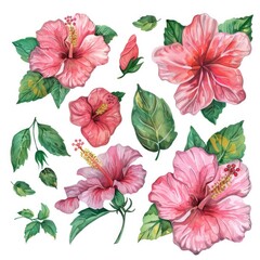 Fototapeta premium Hibiscus flowers watercolor illustration with leaves on white background for design