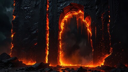 Dark Obsidian Gate Framed with Glowing Fire and Lava Drips, Dramatic Fantasy Sci Fi Background