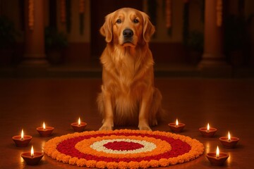 Golden retriever sitting beside Diwali rangoli with glowing diyas