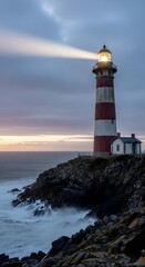 Obraz premium Striped lighthouse shines its beam across the ocean at dusk on a rocky coastline