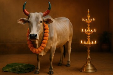 Sacred cow decorated with flowers beside traditional lamp during Diwali festival