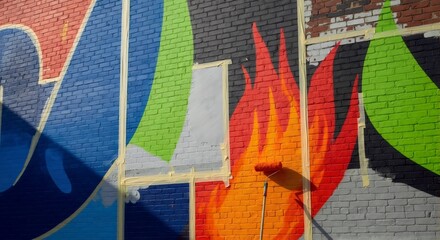 A colorful wall mural in progress being painted on a brick building. Street art creation process with masking tape and a paint roller. Urban creativity concept