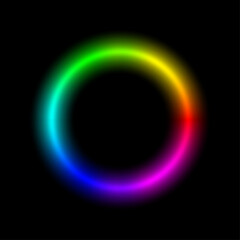Blurry color ring. Soft gradient color wheel with rainbow spectrum on black background. Vibrant circular blur showing RGB hues. Vector illustration.