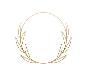 Golden laurel wreath frame isolated on white background. Elegant circular leaf ring in minimalist gold gradient design for awards, certificates, invitations, luxury branding. Decorative vector element