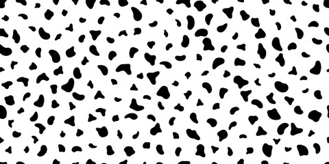 Dalmatian seamless pattern. Black irregular spots on white background creating animal fur texture. Cow, dog, leopard print design for textile, wallpaper, wrapping paper. Abstract vector illustration.