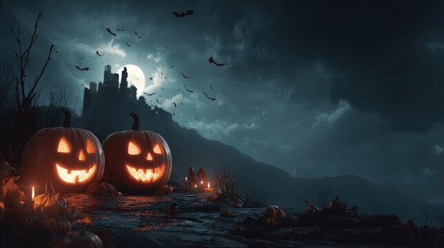 Two illuminated jack-o'-lanterns with carved faces sit on a path, casting an orange glow, as bats fly across the moonlit night sky, with a silhouette of a castle on a hilltop against a moody, dark...