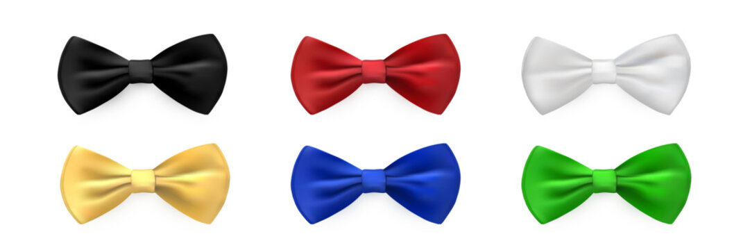 Bow tie set of red, white, black, yellow, green, blur colors. Bowties for business suit. Classic silk neckties vector illustration. Realistic gentleman luxury fashion element of costume.