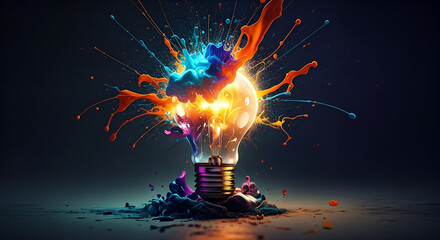 light bulb explodes with colorful paint and splashes on a black background. Think differently creative idea concept.