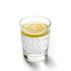 Refreshing glass of sparkling water with a bright lemon slice and bubbles