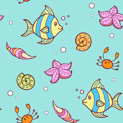 Naklejka premium Seamless pattern of cartoon sea creatures and shells