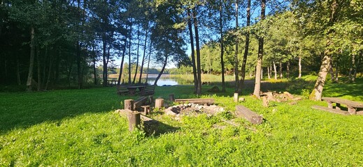 Forest campsite with fire pit near lake 
