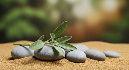 Natural Harmony: Sage Twig and Pebble Rocks on Sand - Serene Botanical Background 