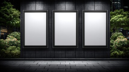 Three illuminated rectangular frames with blank, white displays are set against a dark, textured wall, flanked by lush greenery on either side; a nighttime cityscape shimmers softly in the...
