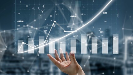 A hand reaches towards a digital graph depicting financial growth, enriched with abstract data elements and an urban backdrop, symbolizing progress in business analysis. Copula