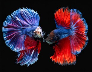 Two vibrant betta fish with flowing fins against a black backdrop
