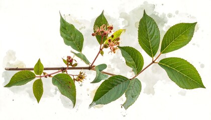 A detailed, artistic illustration of a branch with vibrant green leaves and small reddish-brown blossoms against a white background with watercolor-style splatters.