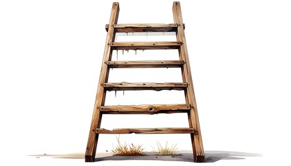 A weathered wooden ladder stands tall against a plain white backdrop, its worn planks and drips of unseen liquid adding to its rustic charm.