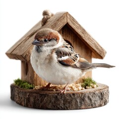 Naklejka premium House Sparrow perched on a wooden bird feeder with seeds on a white backdrop