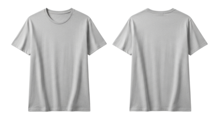 Heather grey short-sleeved t-shirt, soft cotton with fine texture, ribbed crew neck, smooth, no branding, flat lay, front and back view, isolated on transparent background with diffused lighting,
