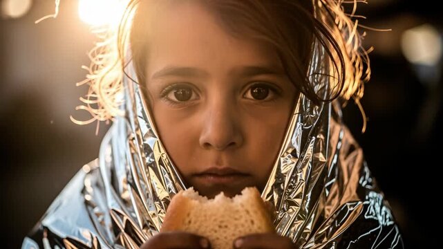 Girl wrapped in a silver thermal blanket, holding a loaf of bread. Concept of feelings of vulnerability, resilience, and the basic human need for protection and sustainability. 4K.