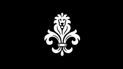 Elegant white lion head emblem with ornate floral motif design on a black background, classical heraldic symbol of luxury and power.