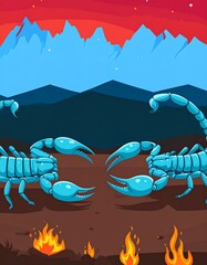 Two vibrant blue scorpions face off against a backdrop of fiery landscape and mountains