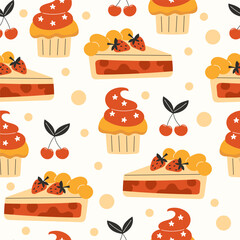 Seamless pattern of cupcakes cake slices and cherries
