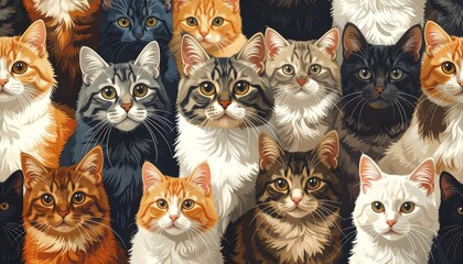 A captivating design featuring numerous diverse feline faces, displayed in a rich variety of colors and patterns.