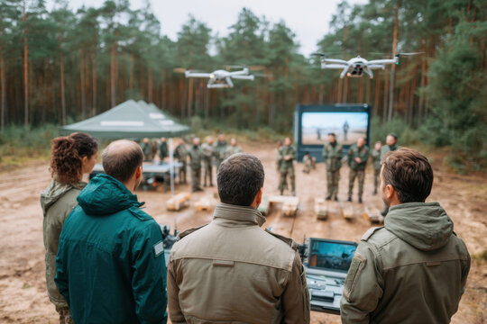 Military personnel observing drone technology demonstration