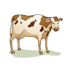 Illustration of a brown and white spotted dairy cow standing peacefully on a clean white background isolated on white background isolated on transparent background