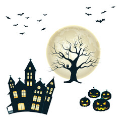 Spooky halloween elements including a haunted house bare tree silhouetted against a full moon flying bats and carved pumpkins isolated on white background isolated on transparent background