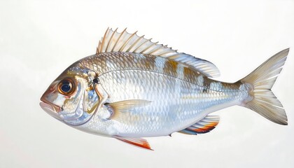 A side profile view of a whole, light gray and brown fish with intricate scales and fins, presented against a pure white background.