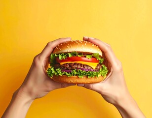 A delectable burger held in a hand against a vibrant yellow backdrop.