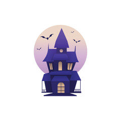 Spooky dark blue haunted mansion with glowing windows and bats flying in front of a pale moon isolated on white background isolated on transparent background
