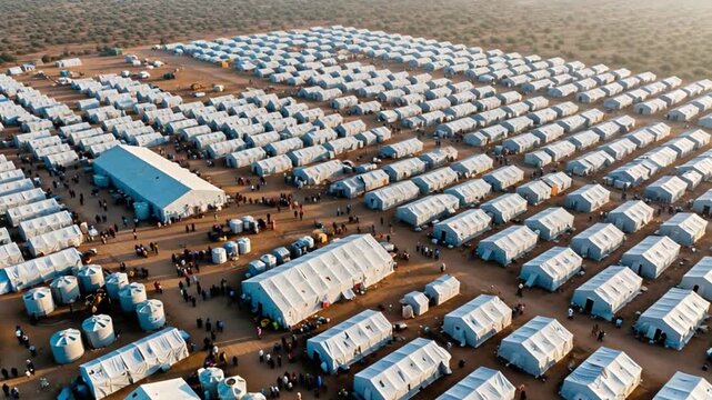 Drone flying over a refugee camp with rows of tents. Humanitarian shelter in an arid landscape. 4K.