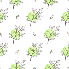 Seamless pattern of handdrawn branches with watercolor leaves