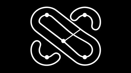 Abstract white linear design on black background, modern geometric symbol with interconnected loops and dots, technology concept