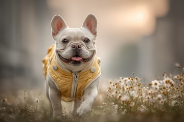 Happy French Bulldog in yellow jacket running through field of flowers.