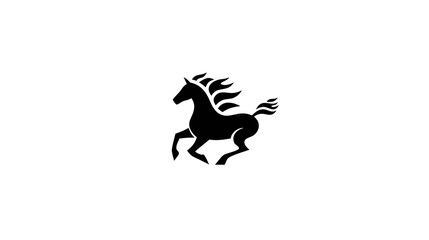 Dynamic black horse silhouette, galloping with majestic flowing mane and tail, isolated on a clean white background.