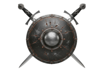Round, distressed wrought iron medieval shield with oxidized copper rivets, two crossed antique silver longswords on a transparent studio background. Concept of medieval combat and defense