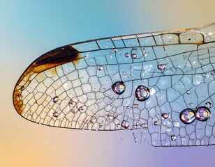 A detailed close-up of a dragonfly's wing, showcasing its intricate network of veins and colorful water droplets, set against a soft, pastel backdrop.