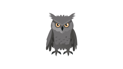 Fototapeta premium Wise grey cartoon owl illustration with piercing yellow eyes, a serious expression, and pointed ear tufts, isolated on white.