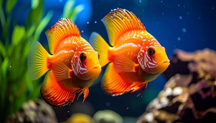 Two vibrant orange and white fish in an aquarium