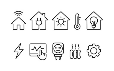 This icon set contains 8 modern line icons representing smart home technology, renewable energy, and eco-conscious energy systems.