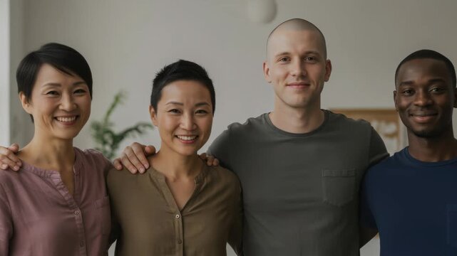 Smiling women and men standing side by side in a diverse group in various facial expressions, concept of support and care, video