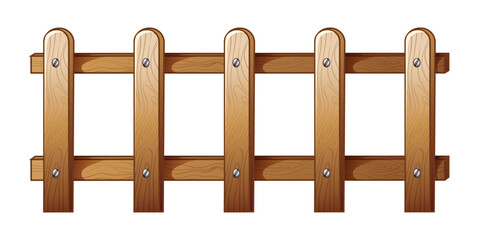 A section of a rustic wooden garden fence with rounded pickets and metal fasteners isolated on white background isolated on transparent background