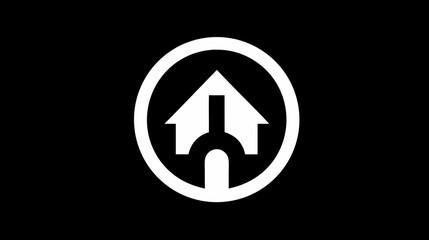 Abstract home repair and maintenance service icon, circular house and wrench symbol on black background, property care graphic